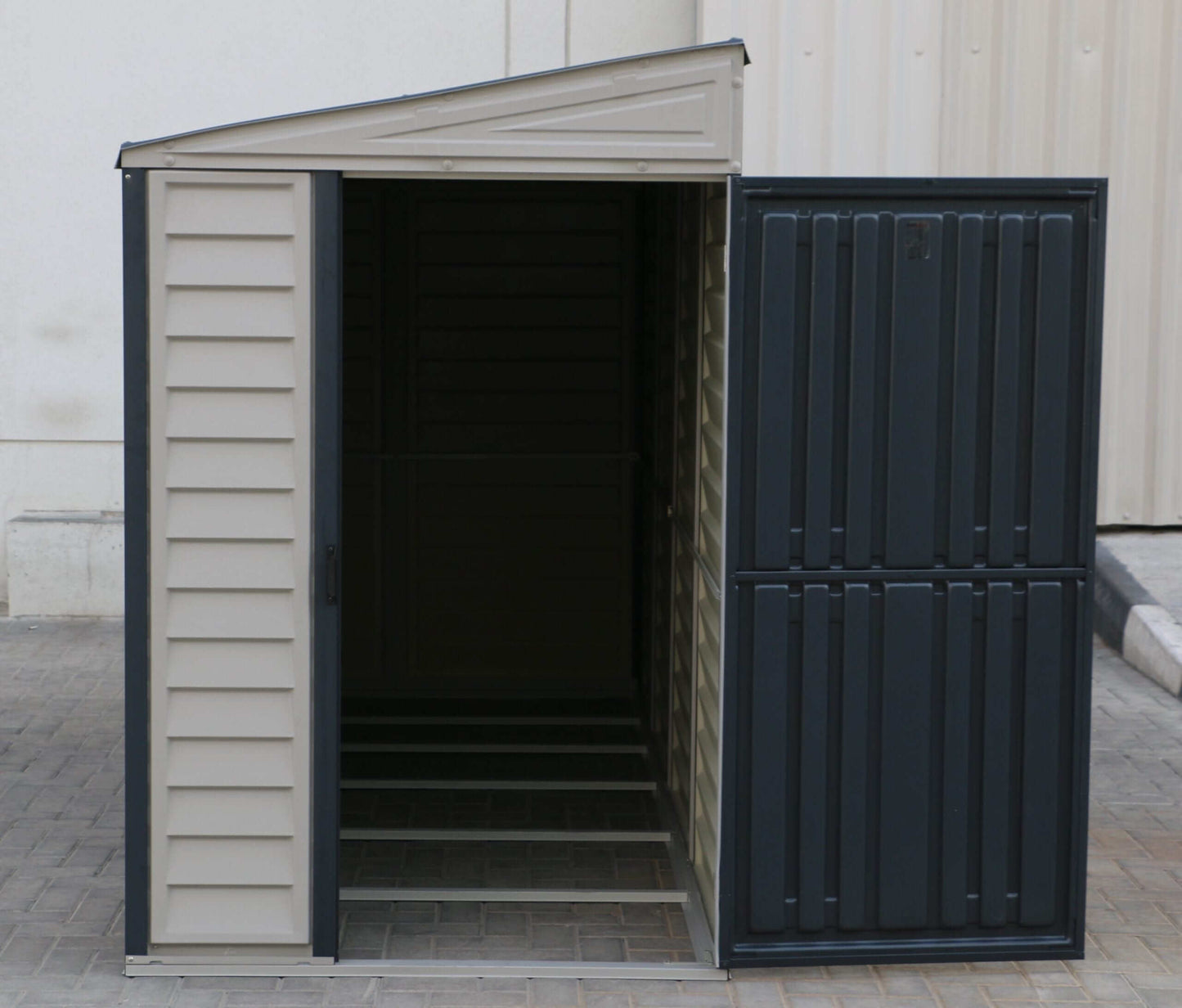 Duramax 4x10 Sidemate Shed w/ Foundation Adobe Front Door Open 36725