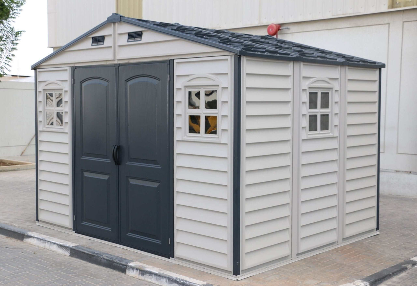 Duramax Woodside Plus 10'x8' Adobe with Foundation Side View 30227