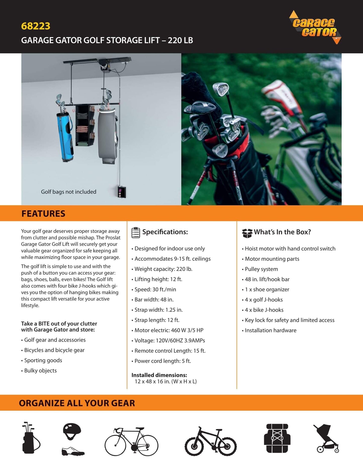 Garage Gator Golf Storage Lift - 220 lb Manual 68223
