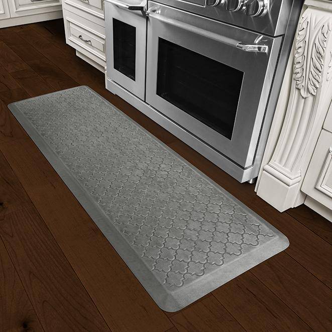 Wellnessmats Trellis Estates Shades of Silver ET62WMRSL,SilverLeaf A floor mat with a great design that perfectly suits your kitchen. It is also an easy-to-clean ergo mat for every room in your house or garage.
