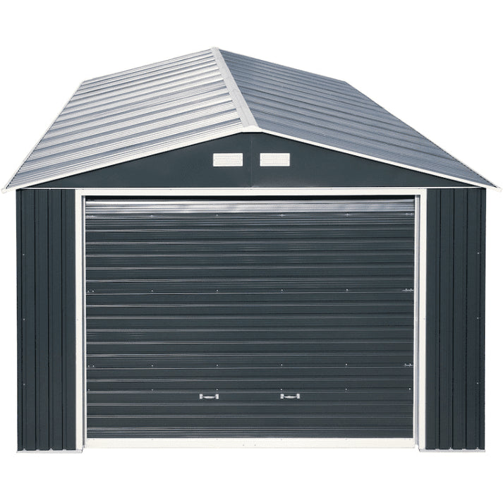 Duramax 12'x20' Imperial Metal Garage Dark Gray w/ White Trim Front 50951