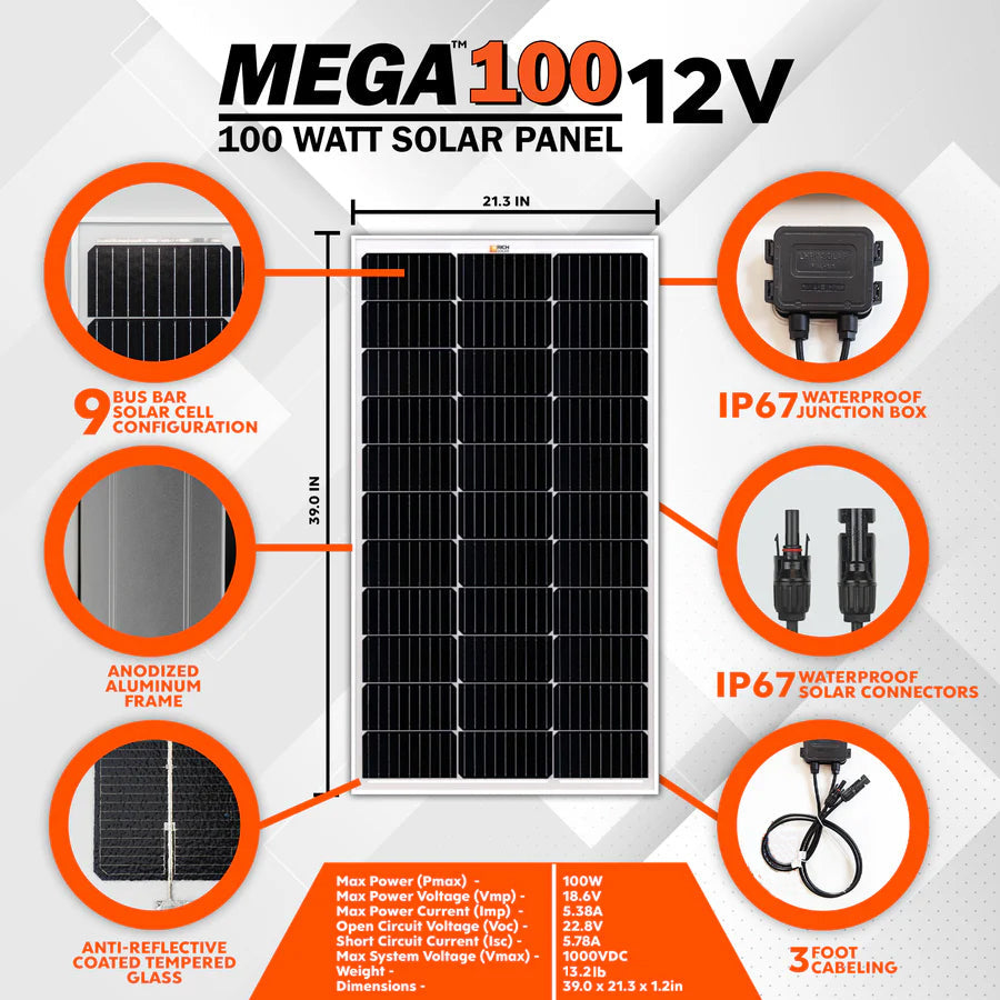 Rich Solar MEGA 100W 12V Off-Grid Monocrystalline Solar Panel