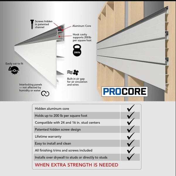 Proslat 8 ft. x 4 ft. PROCORE PVC Slatwall White – 4 Pack 128 sq ft 87742K