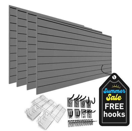 Proslat 4 ft. x 8 ft. PVC Slatwall – 4 pack 128 sq ft - FREE Ultimate Kit Light Gray P88427