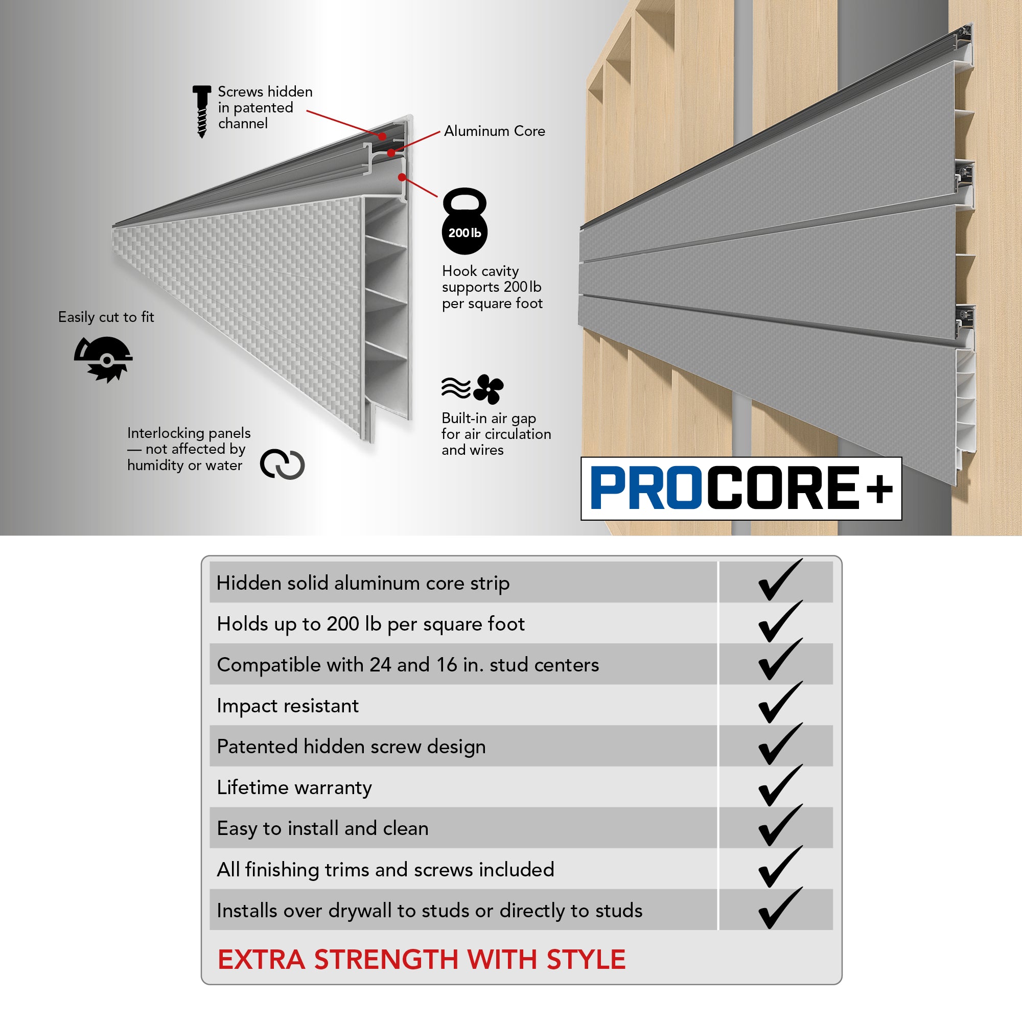 Proslat 8 ft.  x 4 ft. PROCORE+ Silver Gray Carbon Fiber PVC Slatwall – 4 Pack 128 sq ft 87747K