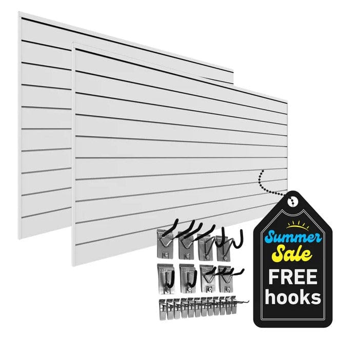 Proslat 4 ft. x 8 ft. PVC Slatwall – 2 pack 64 sq ft - FREE 20 Piece Hook Kit White P88222