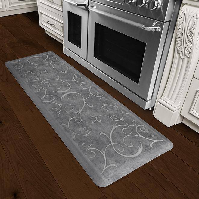 Wellnessmats Bella Estates Shades of Silver EB62WMRBNGRY,Slate A kitchen rug that relieves pressure and discomfort. A non-toxic ergo mat.