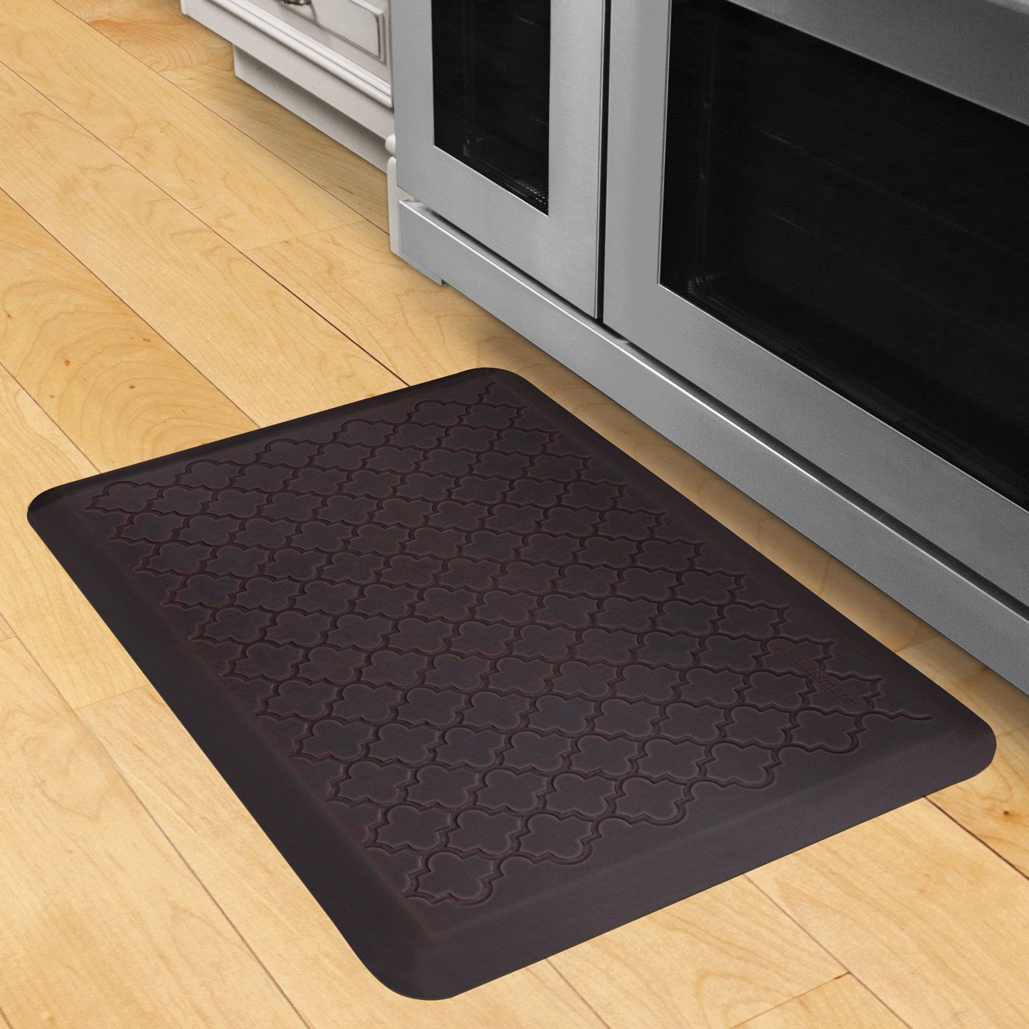 Wellnessmats Trellis Estates Shades of Blue ET32WMRBBUR,Navy Pier A recyclable kitchen rug. Anti-microbial floor mat that gives comfort to your feet.