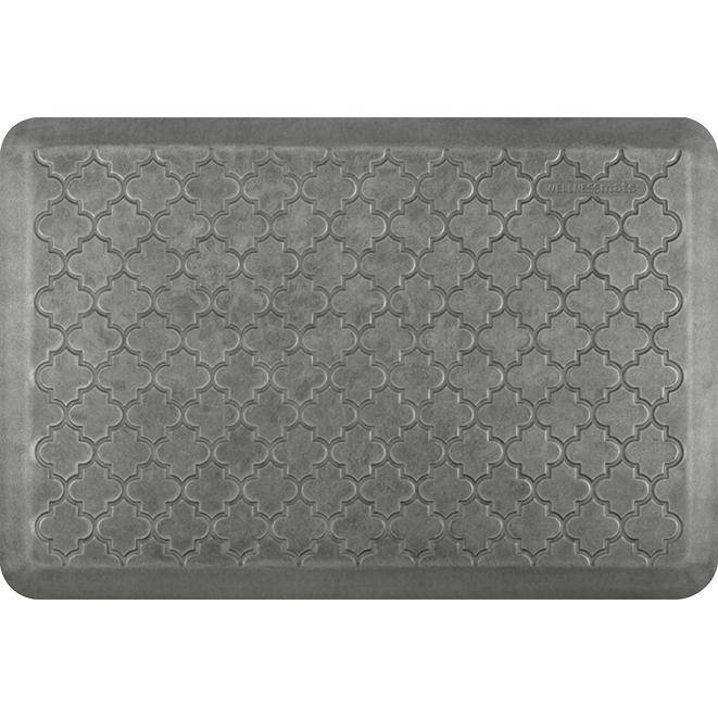 Wellnessmats Trellis Estates Shades of Silver ET32WMRSL,SilverLeaf A floor mat with a great design that perfectly suits your kitchen. It is also an easy-to-clean ergo mat for every room in your house or garage.