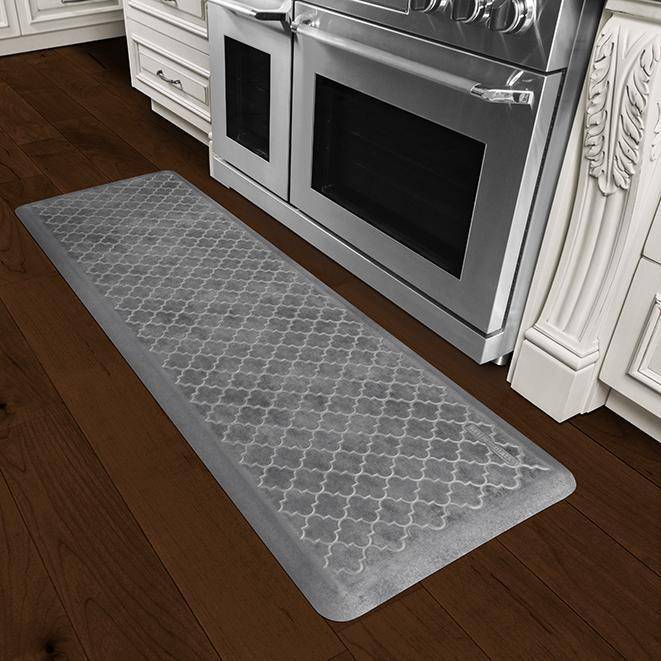 Wellnessmats Trellis Estates Shades of Silver ET62WMRBNGRY,Slate A recyclable kitchen rug. Anti-microbial floor mat that gives comfort to your feet.